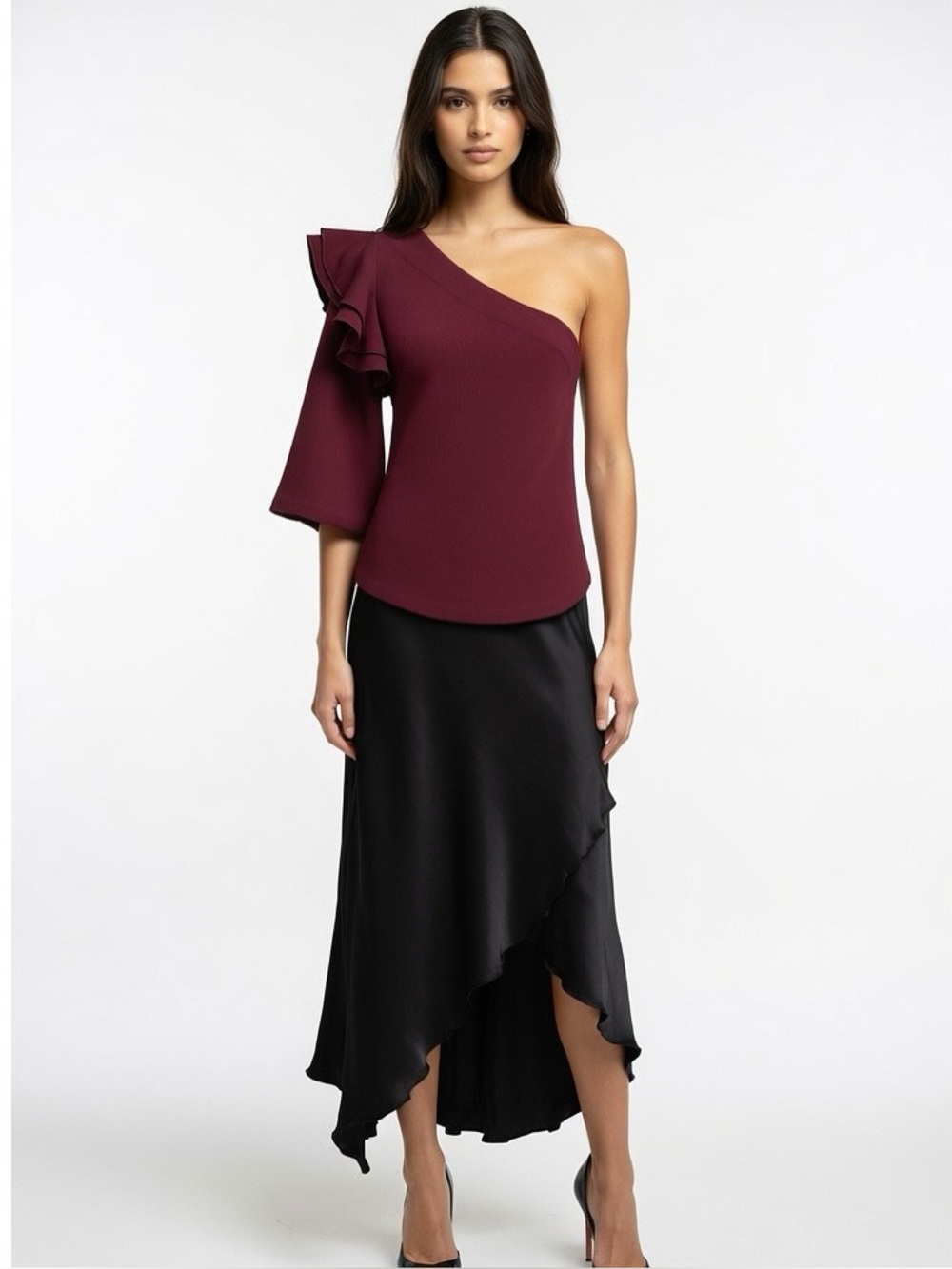 Club Monaco One-Shoulder Burgundy Ruffle Knit Top  - S